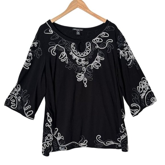 Once Again Tops - Once Again Quill Braid 3/4 Sleeve Y2K Top Size 3X B/W Whimsigoth Victorian Style